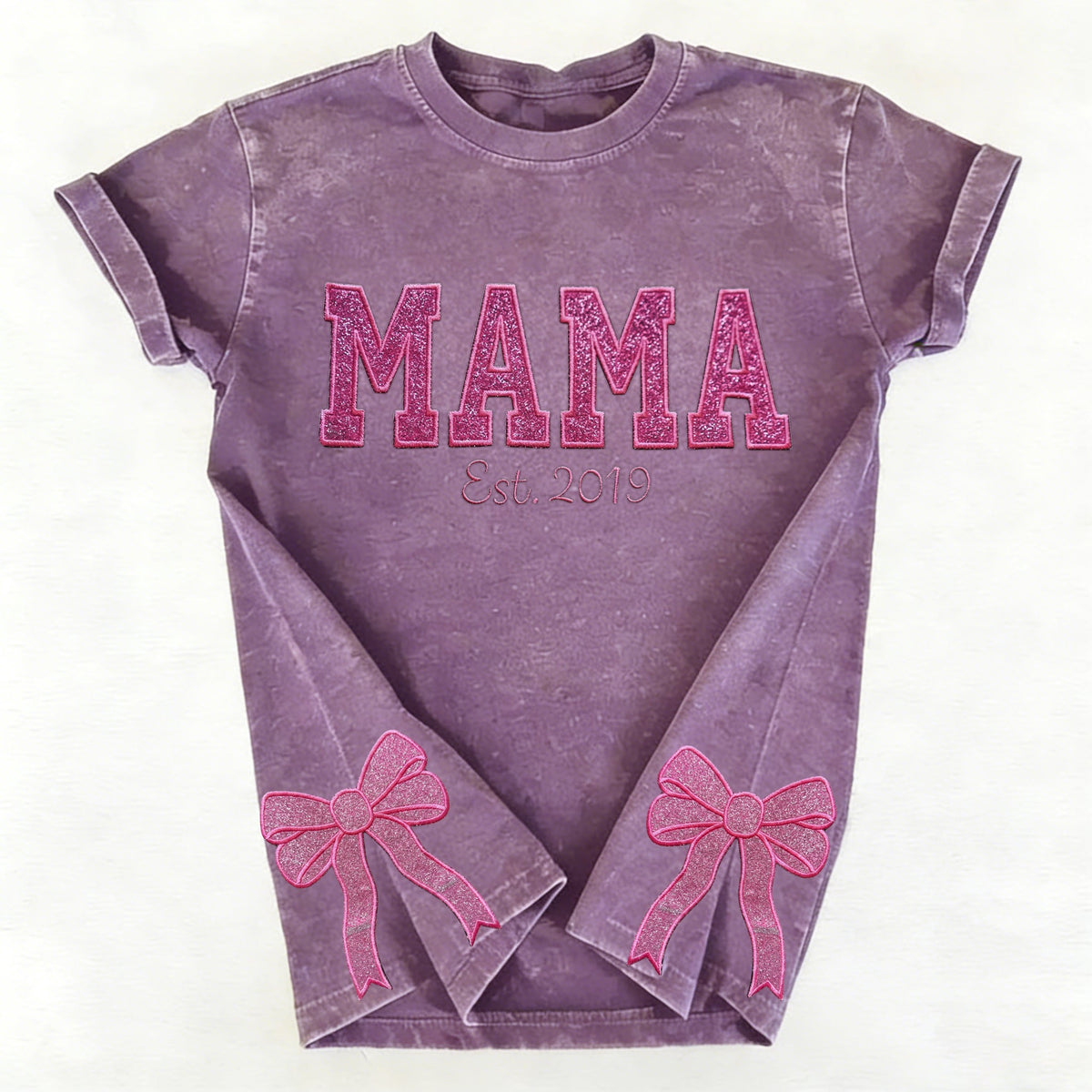 Custom Trendy and Cute Mama Embroidered Glitter Side Bow Washed Sweatshirt | Mother's Day Gift