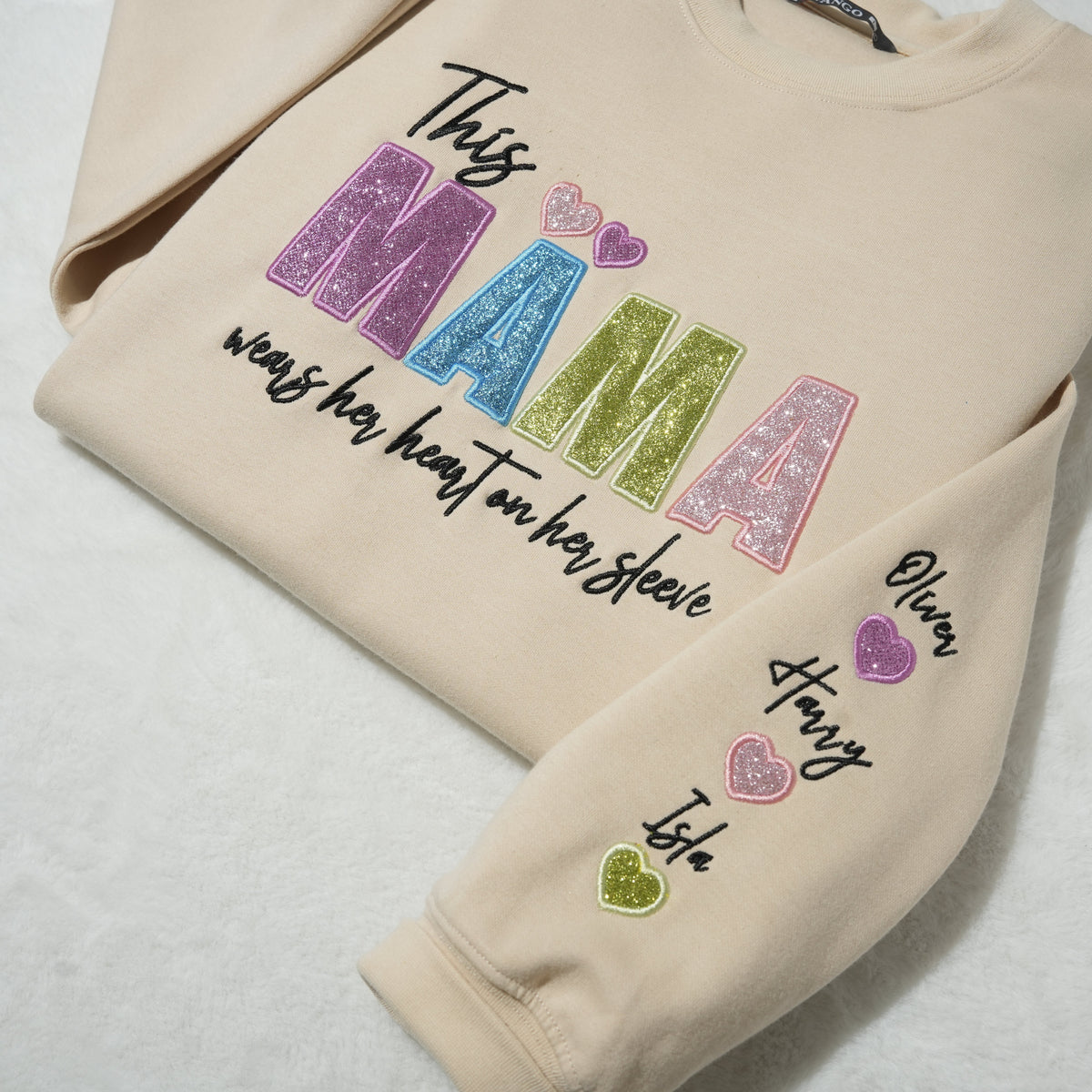 Custom Mama/Mom "Wear Heart on Her Sleeve" Sequin Sweatshirt with Kids' Names | Mother's Day Gifts