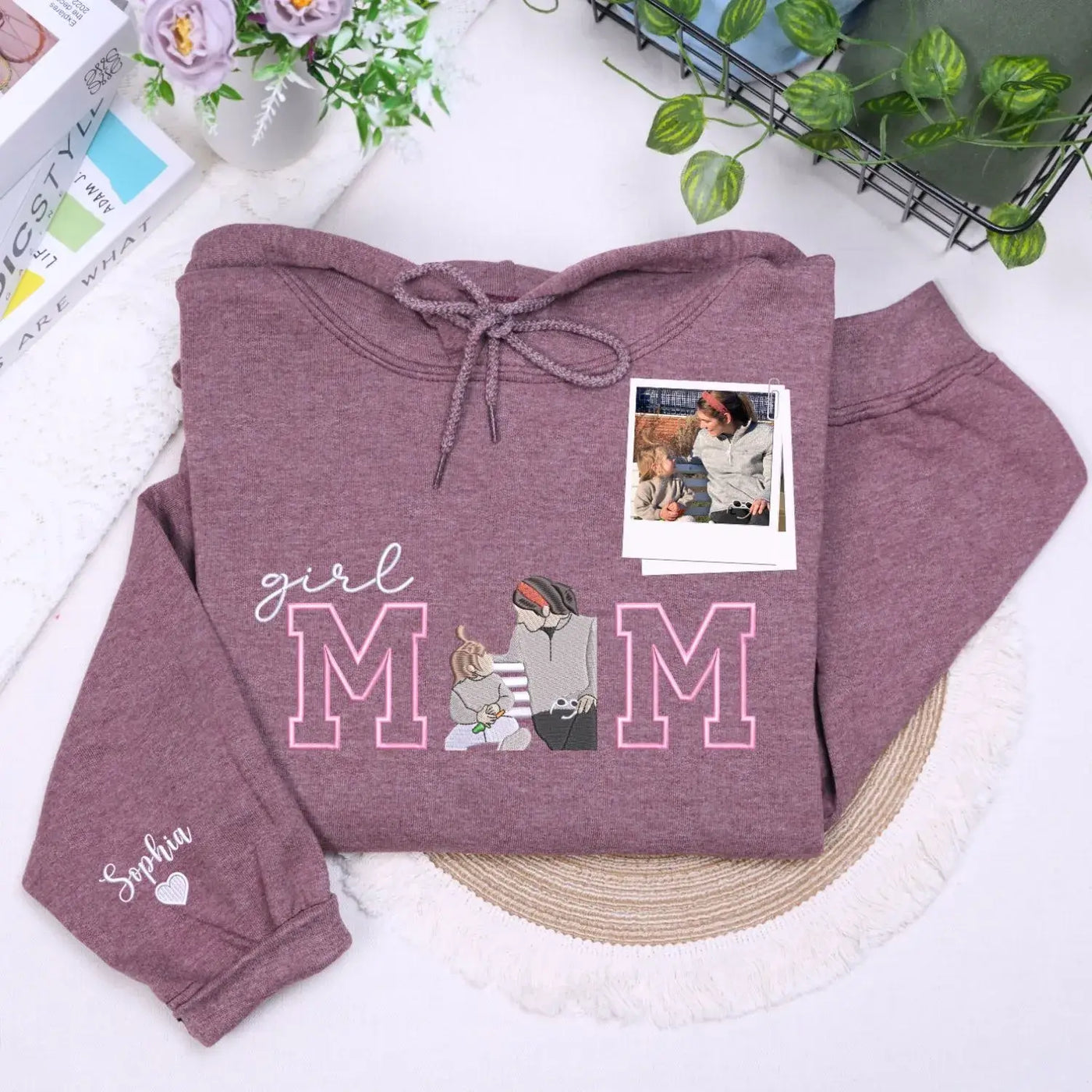 Custom Girl Mom with Embroidered Portrait from Photo and Kids Name Sweatshirt | Mother's Day Gift