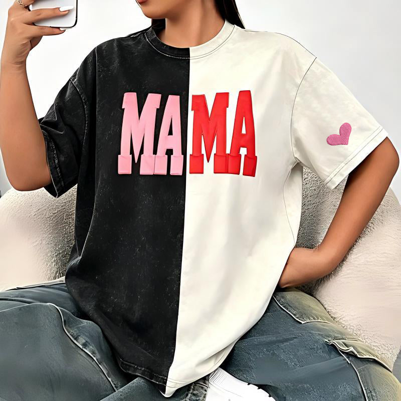 Custom Fabric Applique MAMA Two Tone Embroidered Vintage Washed T-Shirt for Mother's Day