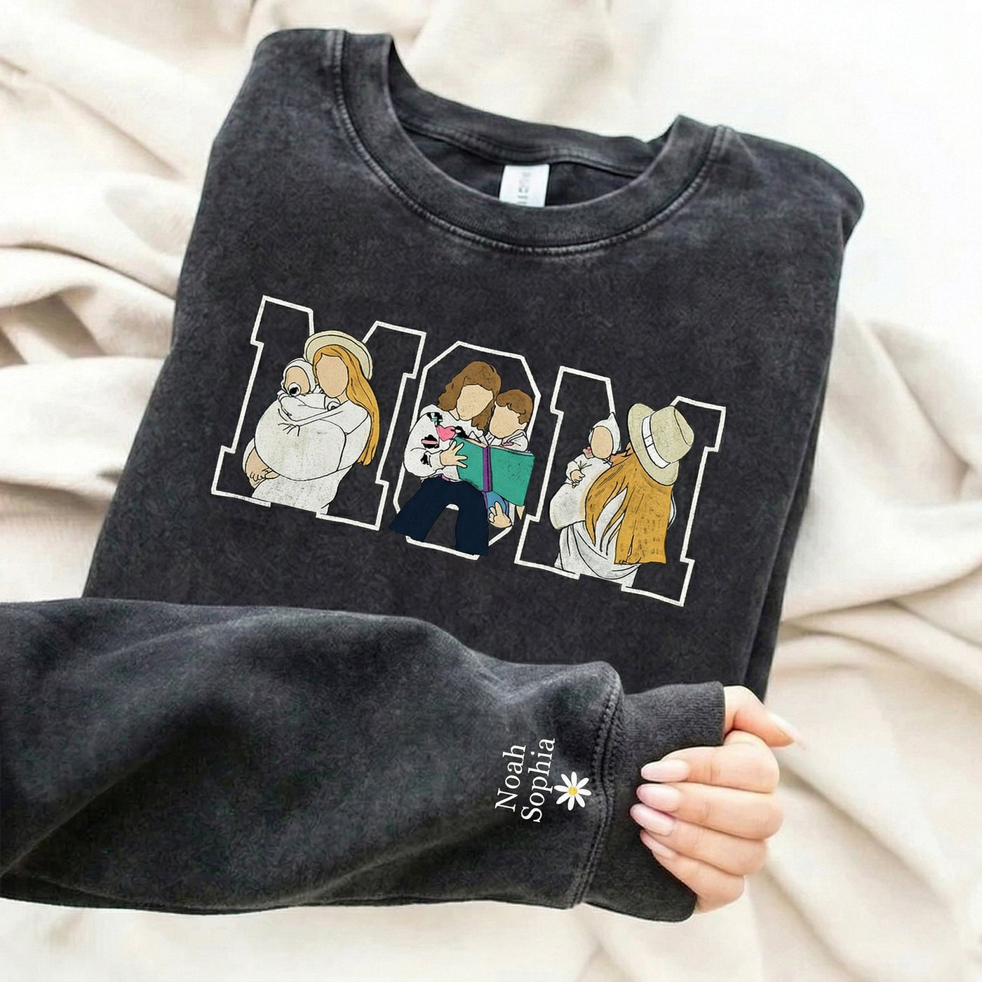 Custom Photo Portrait Embroidery Washed Sweatshirt, Gift For Mum/Family