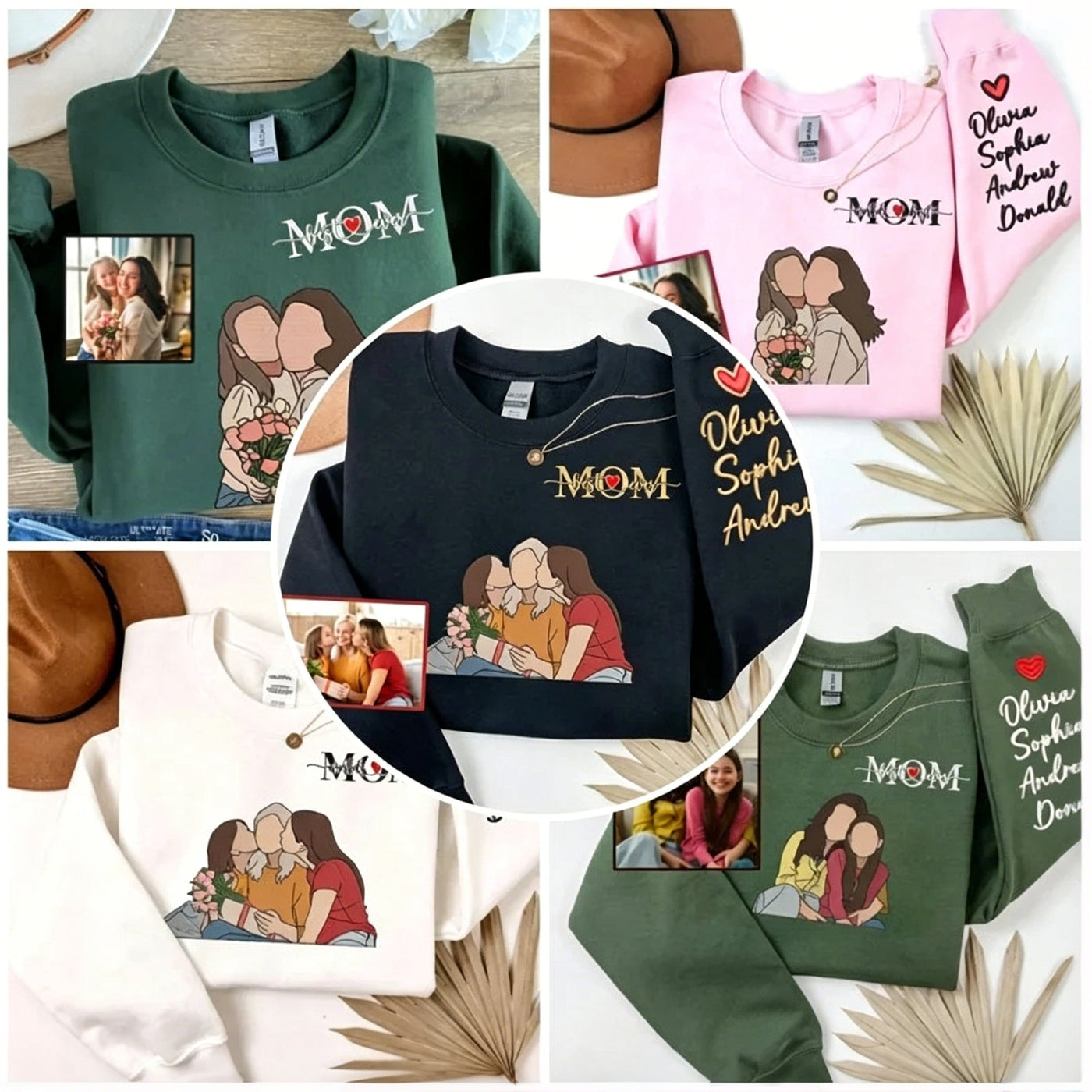 Personalized Photo Custom Embroidered Kids Names Sweatshirt for Mother’s Day Gift