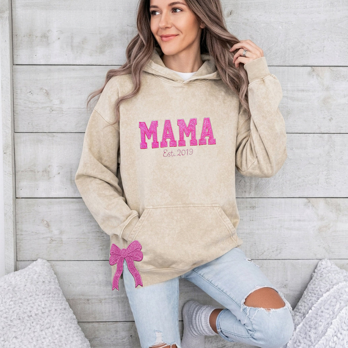 Custom Trendy and Cute Mama Embroidered Glitter Side Bow Washed Sweatshirt | Mother's Day Gift