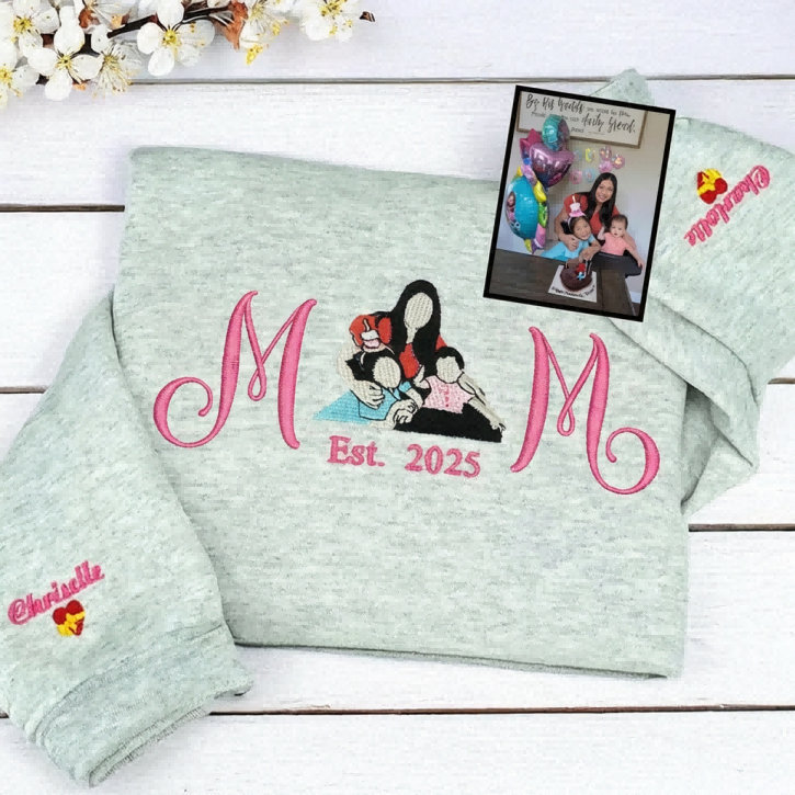 Custom Embroidered Mom Sweatshirt with Mom Kids Portrait | Mother's Day Gifts for Mom