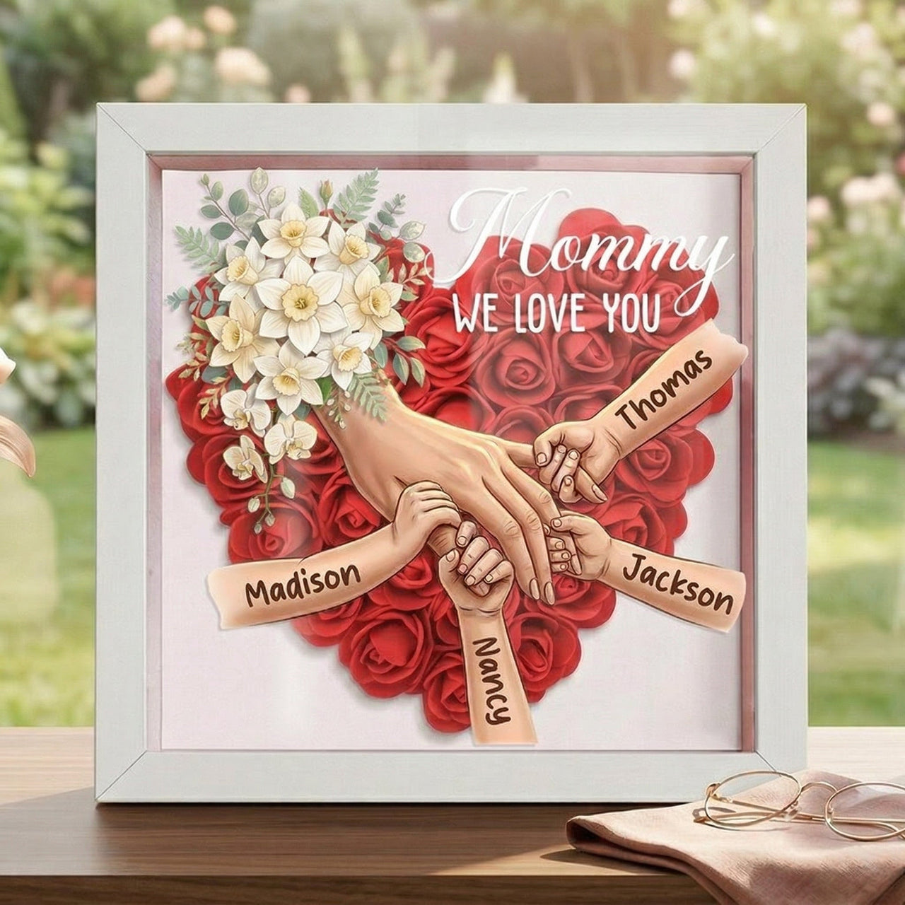 "Daffodil"-Personalized Mom Holding Hands  Shadow Box-Mother's Day Remembrance Frame, In Loving Memory Gift