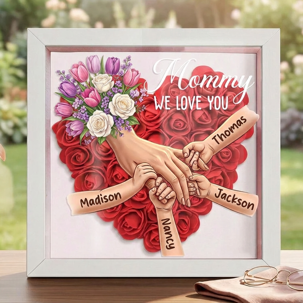 "Tulips & White Roses"-Personalized Mom Holding Hands Flower Shadow Box-Mother's Day Remembrance Frame, In Loving Memory Gift