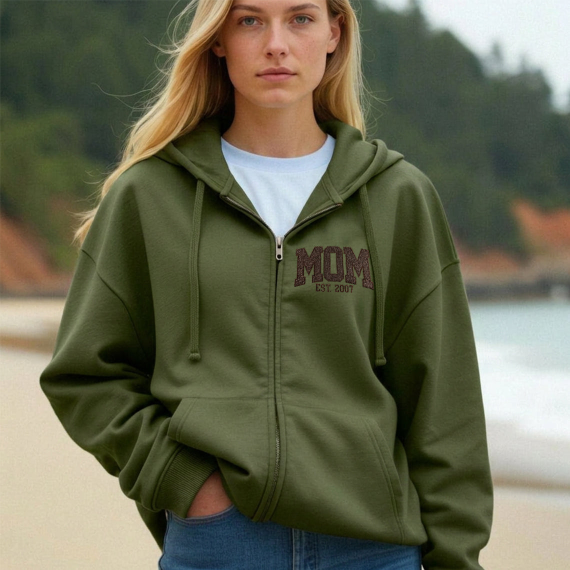 Custom Glitter Mom Full Zip Sweatshirt | Gift for Mom