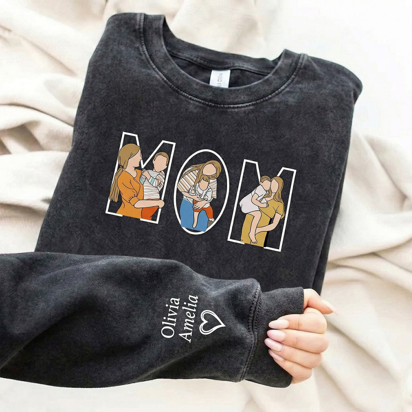 Custom Photo Portrait Embroidery Washed Sweatshirt, Gift For Mum/Family