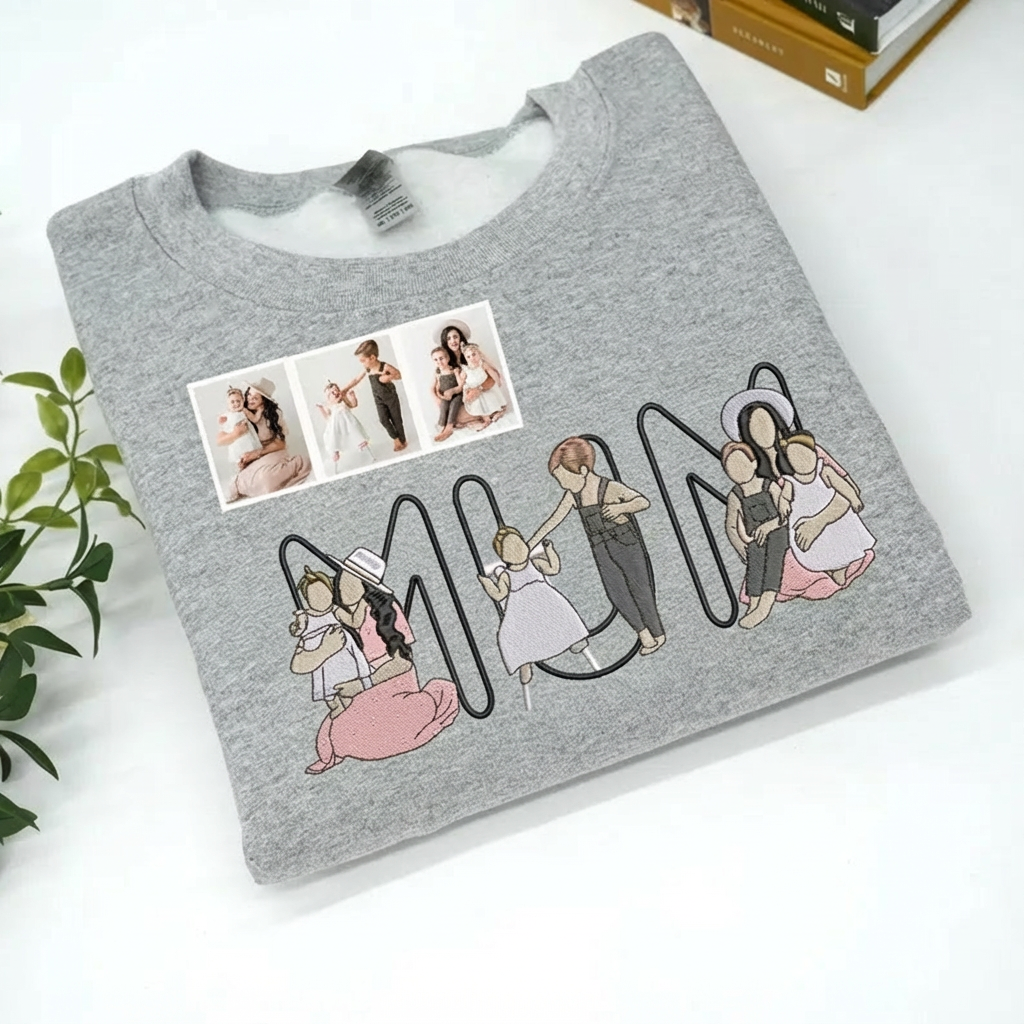 Custom Embroidered Portrait Mum & Kids Letter Design Sweatshirt | Mother's Day Gift