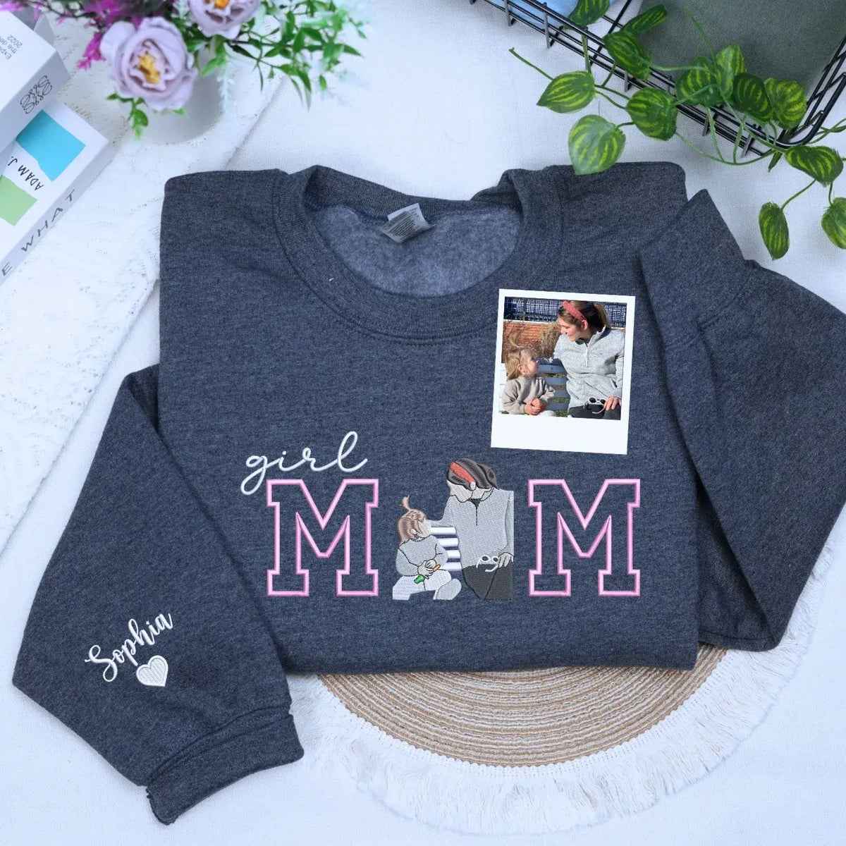Custom Girl Mom with Embroidered Portrait from Photo and Kids Name Sweatshirt | Mother's Day Gift