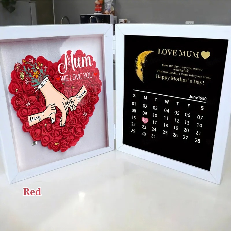 Mum We Love You With REAL MOON PHASE Anniversary Calendar - Personalized Mum & Grandma Flower Shadow Box with Names
