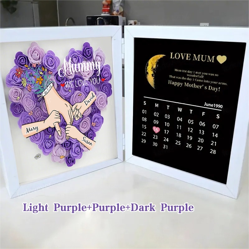 Mum We Love You With REAL MOON PHASE Anniversary Calendar - Personalized Mum & Grandma Flower Shadow Box with Names