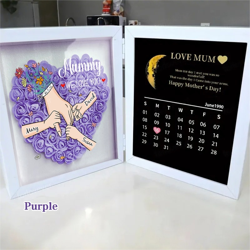 Mum We Love You With REAL MOON PHASE Anniversary Calendar - Personalized Mum & Grandma Flower Shadow Box with Names