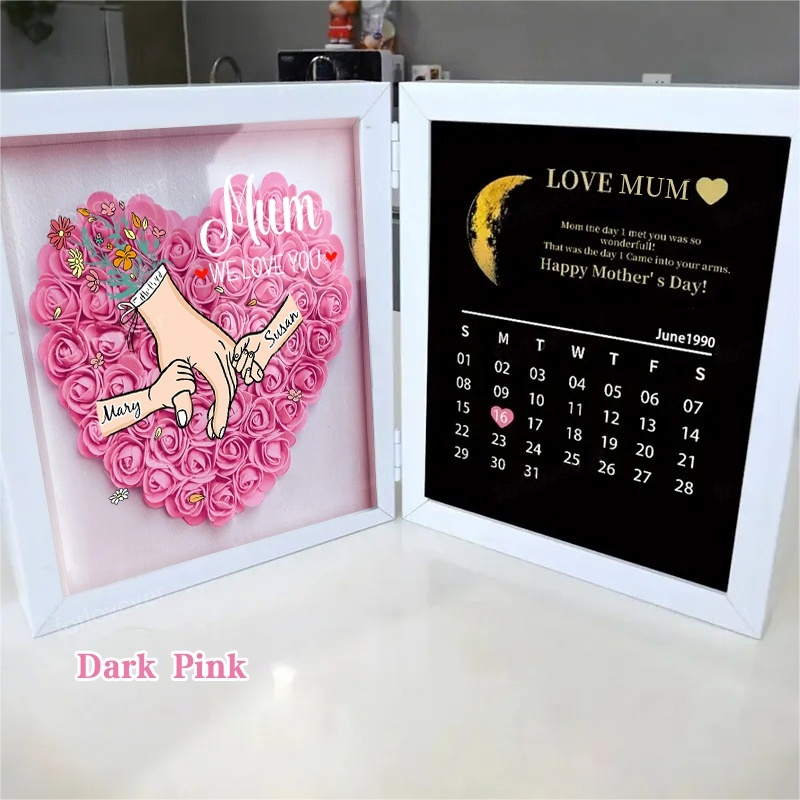 Mum We Love You With REAL MOON PHASE Anniversary Calendar - Personalized Mum & Grandma Flower Shadow Box with Names