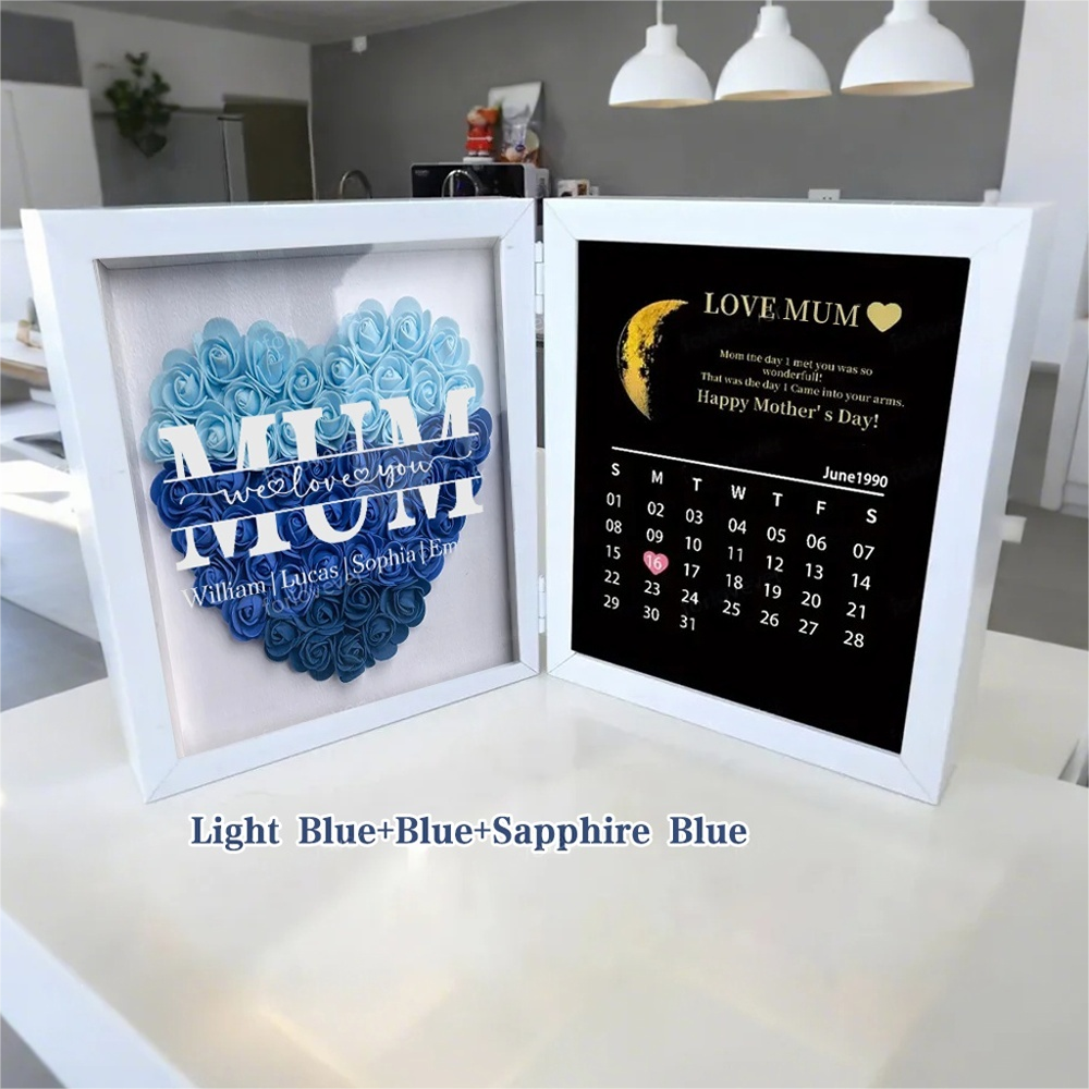 Mum We Love You With REAL MOON PHASE Anniversary Calendar - Personalized Flower Shadow Box