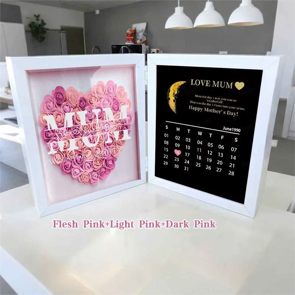 Mum We Love You With REAL MOON PHASE Anniversary Calendar - Personalized Flower Shadow Box