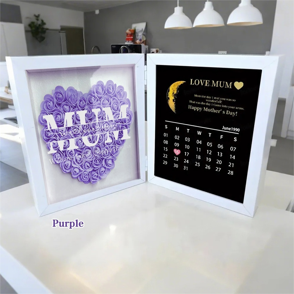 Mum We Love You With REAL MOON PHASE Anniversary Calendar - Personalized Flower Shadow Box