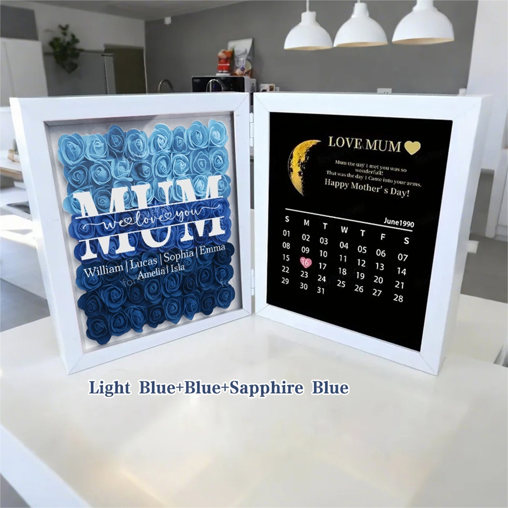 Mum We Love You With REAL MOON PHASE Anniversary Calendar - Personalized Flower Shadow Box