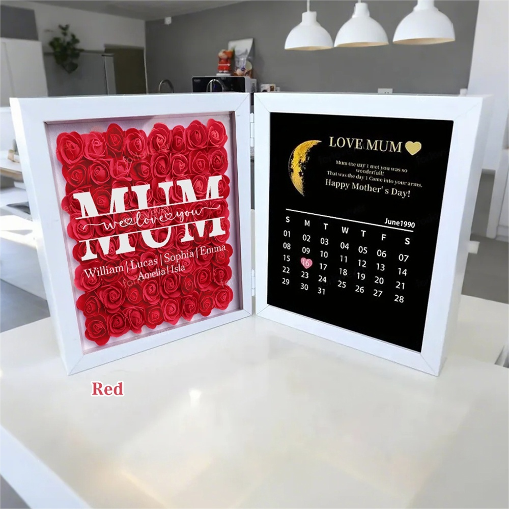 Mum We Love You With REAL MOON PHASE Anniversary Calendar - Personalized Flower Shadow Box