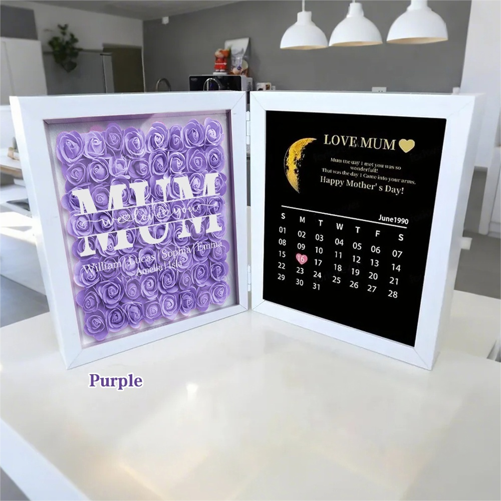 Mum We Love You With REAL MOON PHASE Anniversary Calendar - Personalized Flower Shadow Box
