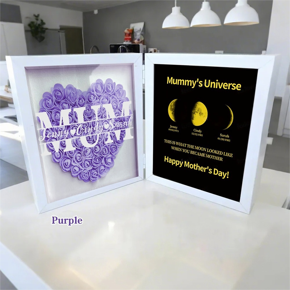 Mother's Day With REAL MOON PHASE Anniversary Calendar - Mummy's Universe Personalized Flower Shadow Box