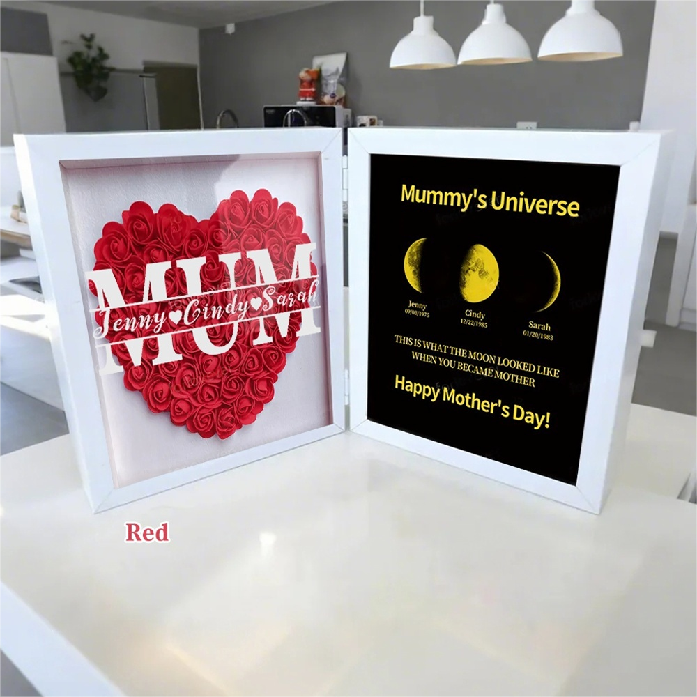 Mother's Day With REAL MOON PHASE Anniversary Calendar - Mummy's Universe Personalized Flower Shadow Box