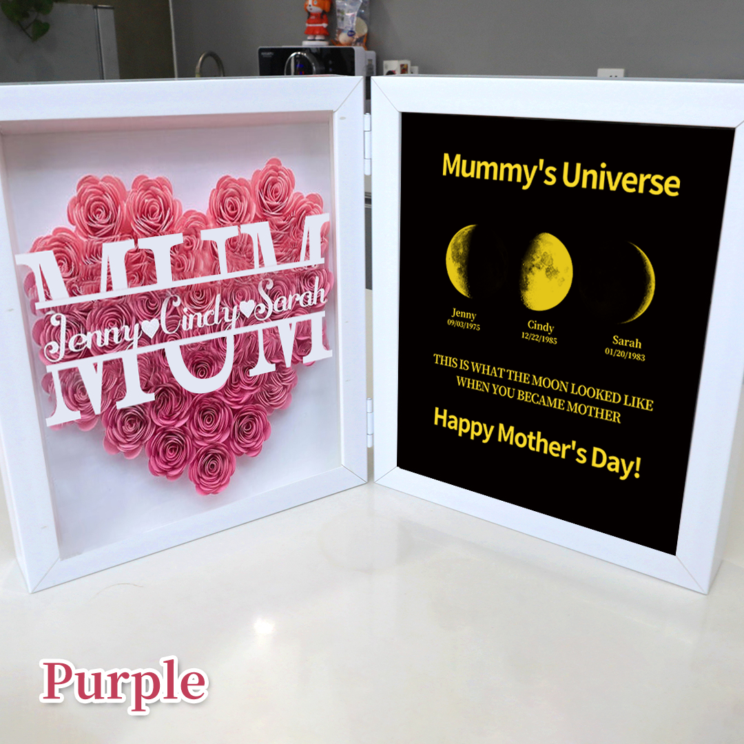Mother's Day With REAL MOON PHASE Anniversary Calendar - Mummy's Universe Personalized Flower Shadow Box