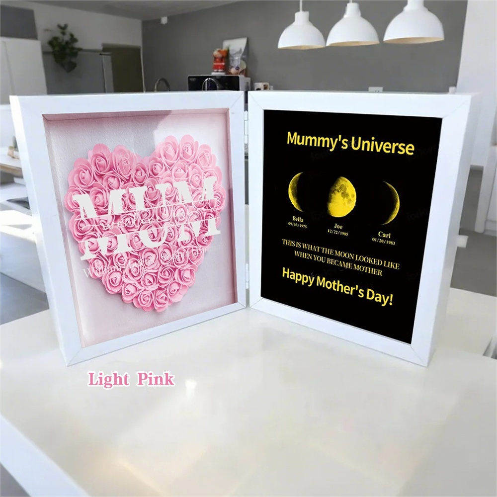 Mum We Love You With REAL MOON PHASE Anniversary Calendar - Mummy's Universe Personalized Heart Shape Flower Shadow Box