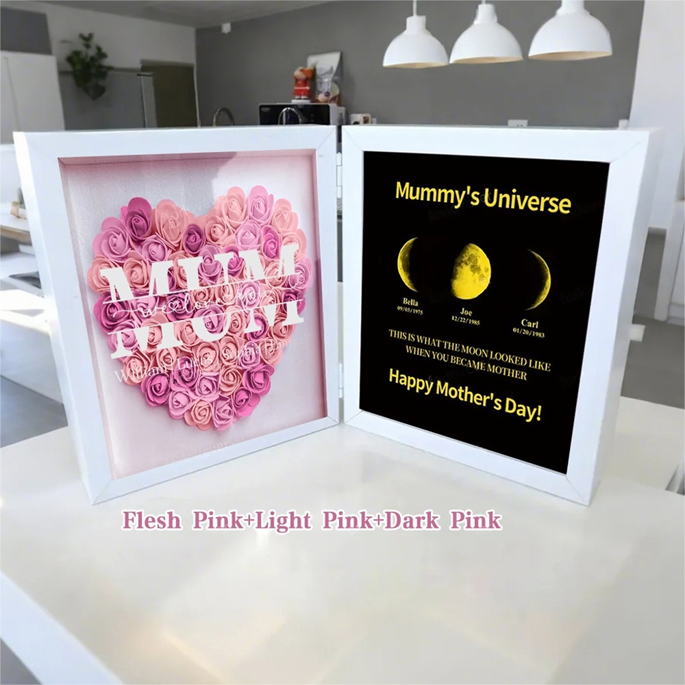 Mum We Love You With REAL MOON PHASE Anniversary Calendar - Mummy's Universe Personalized Heart Shape Flower Shadow Box