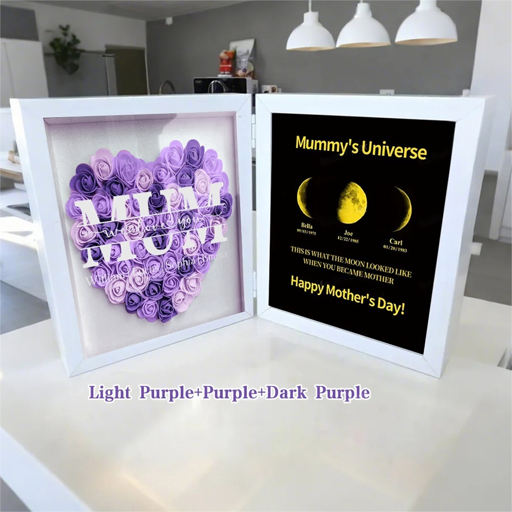 Mum We Love You With REAL MOON PHASE Anniversary Calendar - Mummy's Universe Personalized Heart Shape Flower Shadow Box