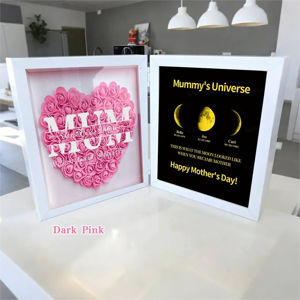 Mum We Love You With REAL MOON PHASE Anniversary Calendar - Mummy's Universe Personalized Heart Shape Flower Shadow Box