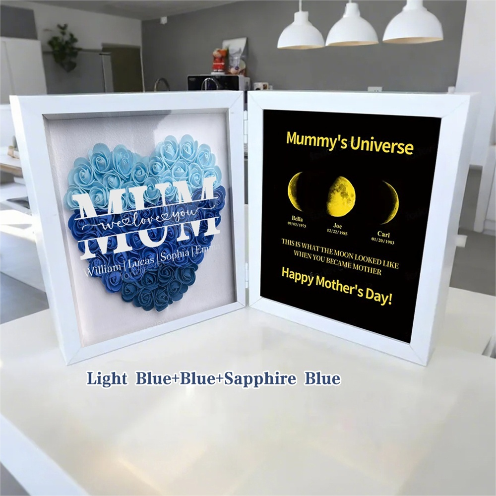 Mum We Love You With REAL MOON PHASE Anniversary Calendar - Mummy's Universe Personalized Heart Shape Flower Shadow Box