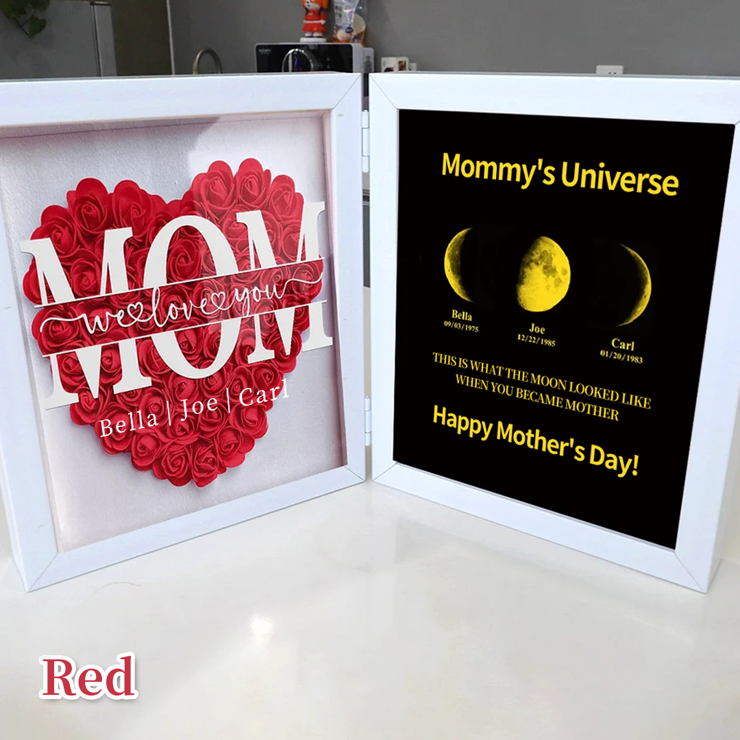 Mum We Love You With REAL MOON PHASE Anniversary Calendar - Mummy's Universe Personalized Heart Shape Flower Shadow Box