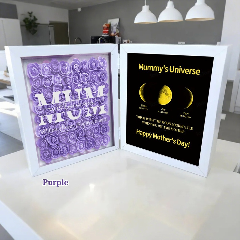 Mum We Love You With REAL MOON PHASE Anniversary Calendar - Mummy's Universe Personalized Heart Shape Flower Shadow Box
