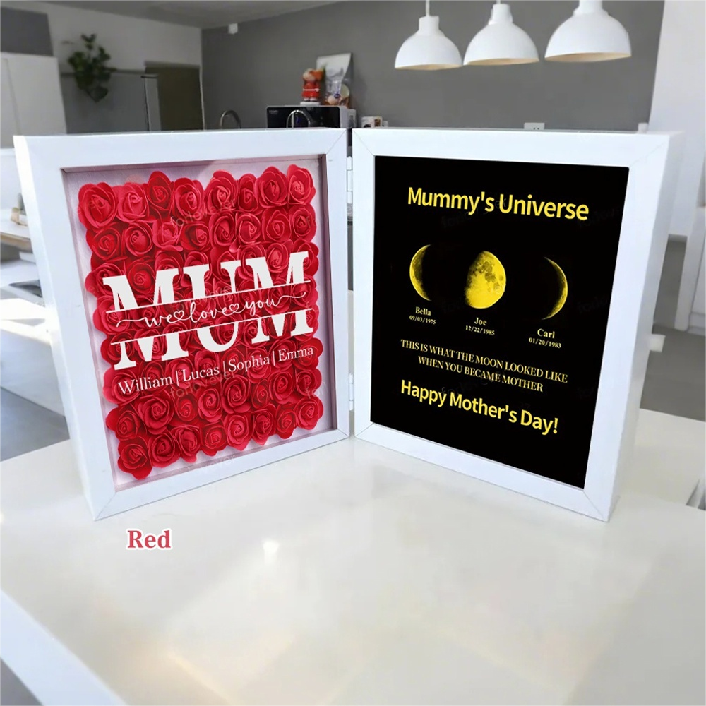 Mum We Love You With REAL MOON PHASE Anniversary Calendar - Mummy's Universe Personalized Heart Shape Flower Shadow Box