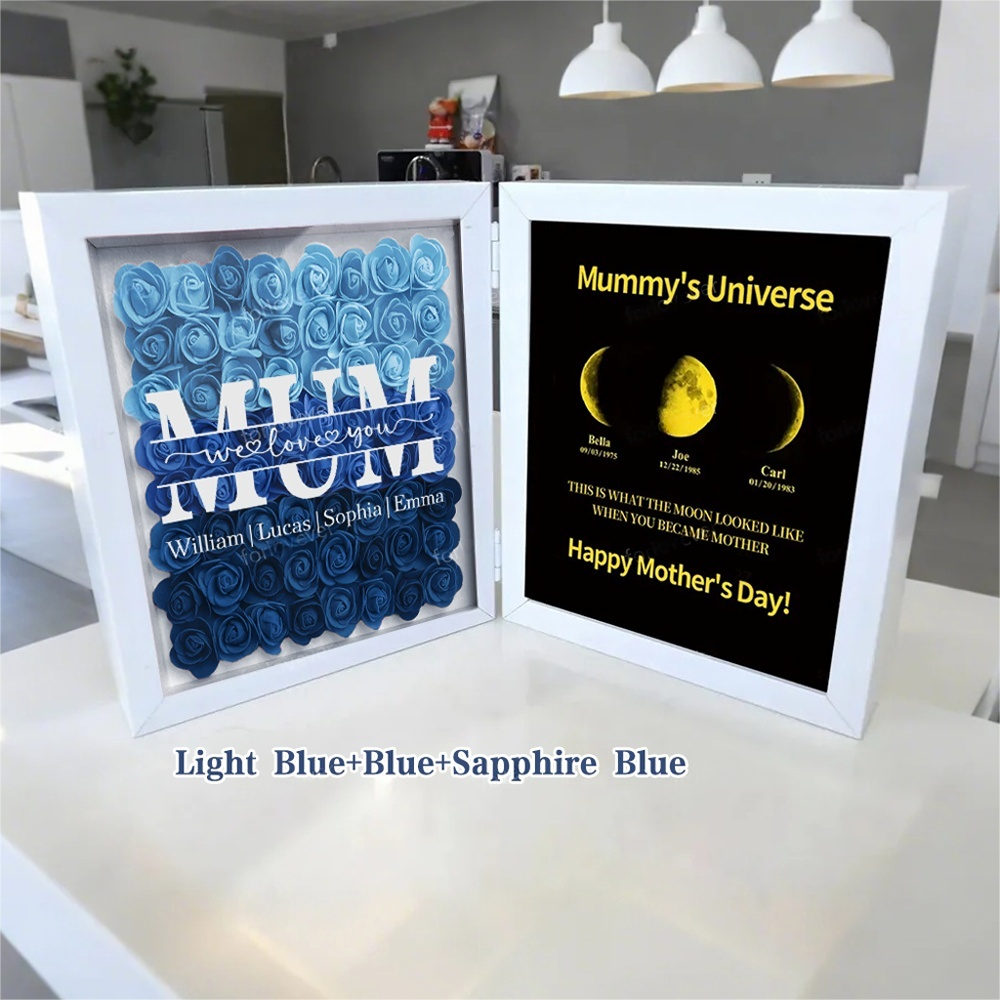 Mum We Love You With REAL MOON PHASE Anniversary Calendar - Mummy's Universe Personalized Heart Shape Flower Shadow Box