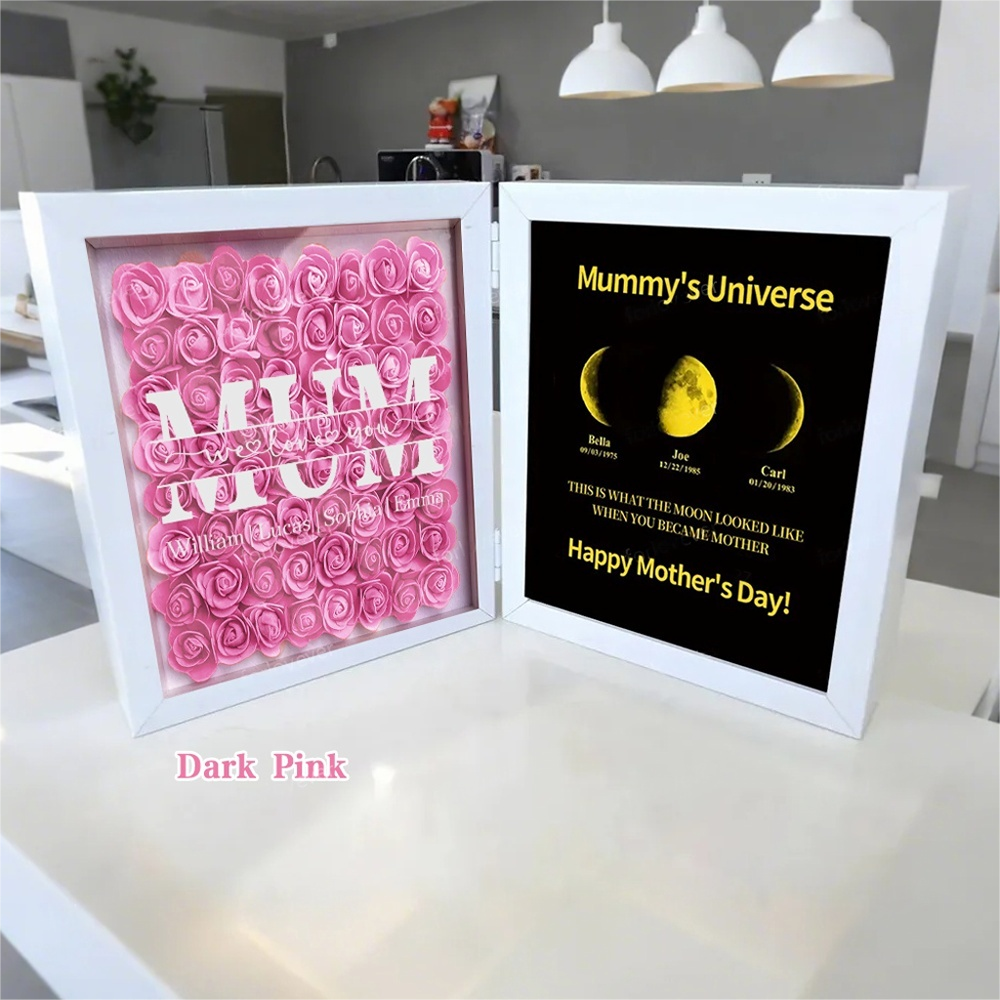 Mum We Love You With REAL MOON PHASE Anniversary Calendar - Mummy's Universe Personalized Heart Shape Flower Shadow Box