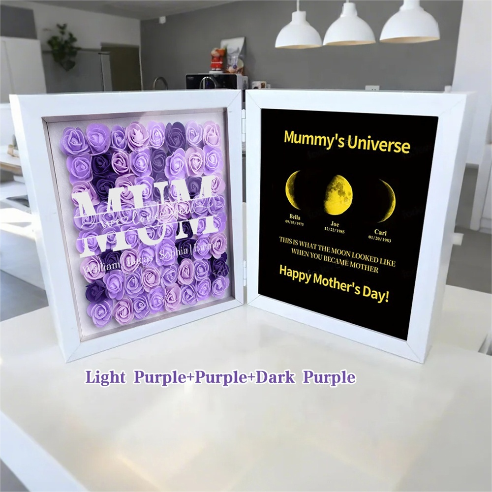 Mum We Love You With REAL MOON PHASE Anniversary Calendar - Mummy's Universe Personalized Heart Shape Flower Shadow Box