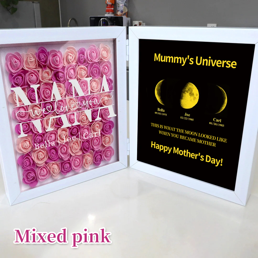 Mum We Love You With REAL MOON PHASE Anniversary Calendar - Mummy's Universe Personalized Heart Shape Flower Shadow Box