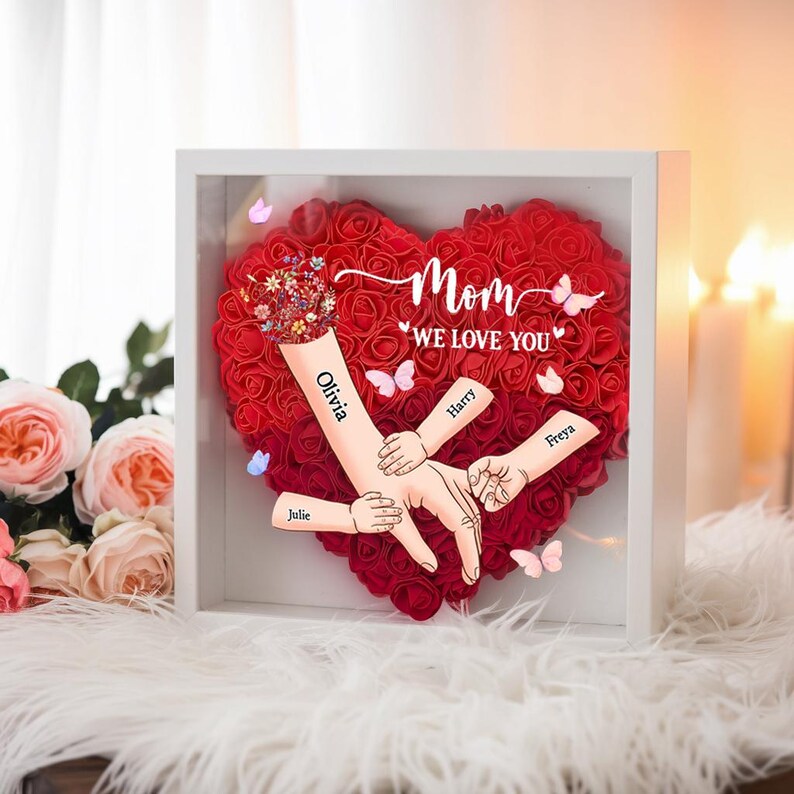 Personalized Handprints Mom And Children Flower Shadow Box | Mother's Day Gifts