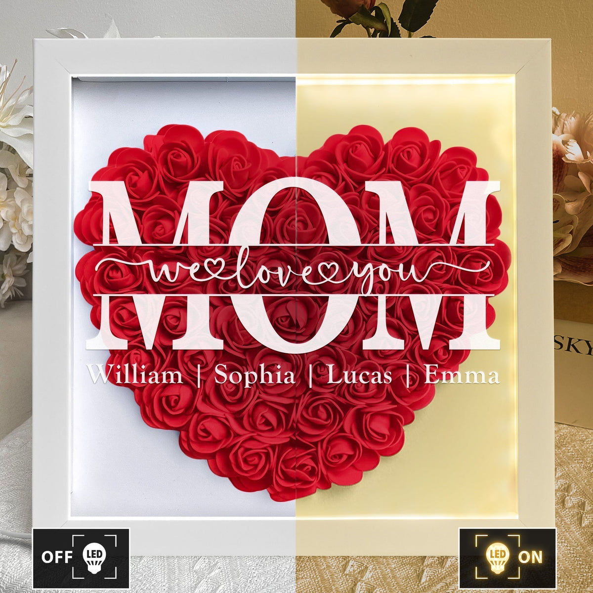We Love You Mom - Personalized Flower Shadow Box With LED Light | Mother's Day Gifts