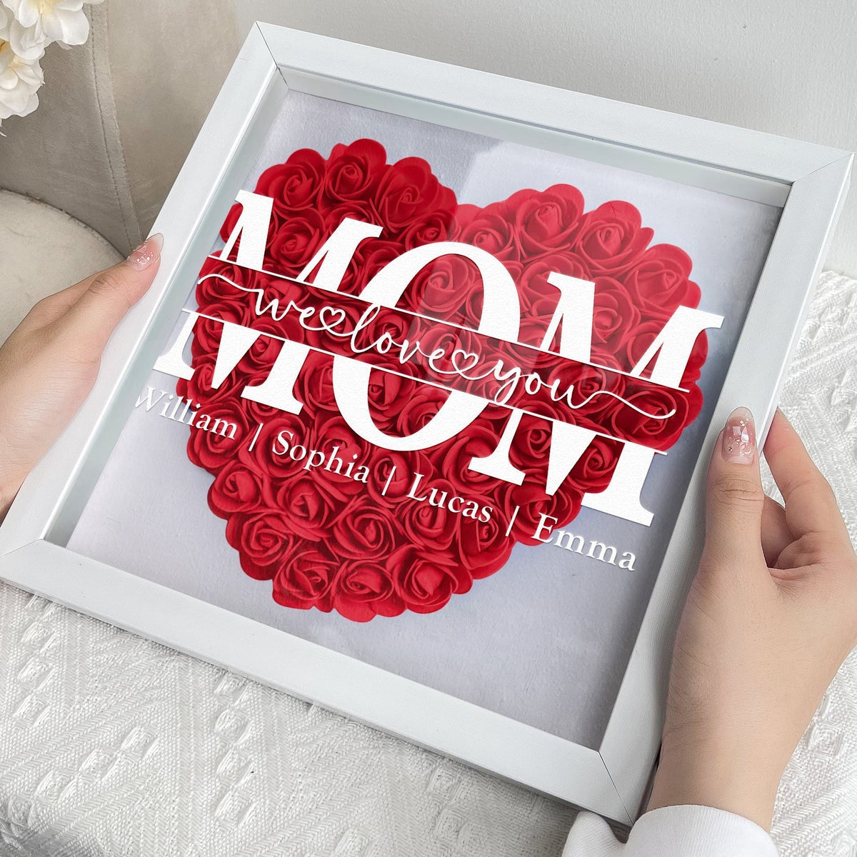 We Love You Mom - Personalized Flower Shadow Box With LED Light | Mother's Day Gifts