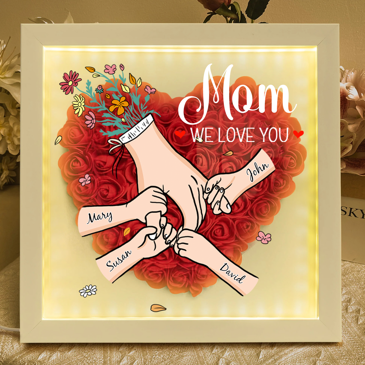 Family Love Blooms Forever - Custom Mother's Day Personalized Flower Shadow Box With Led Light Personalized Gift for mom,grandma