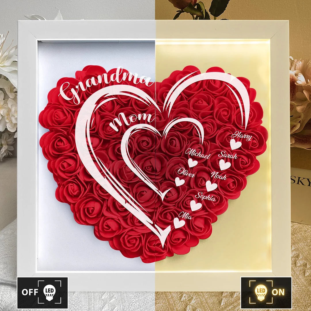 Mom Grandma Hearts Custom Kids' Names - Personalized Flower Shadow Box With LED Light | Mother's Day Gifts