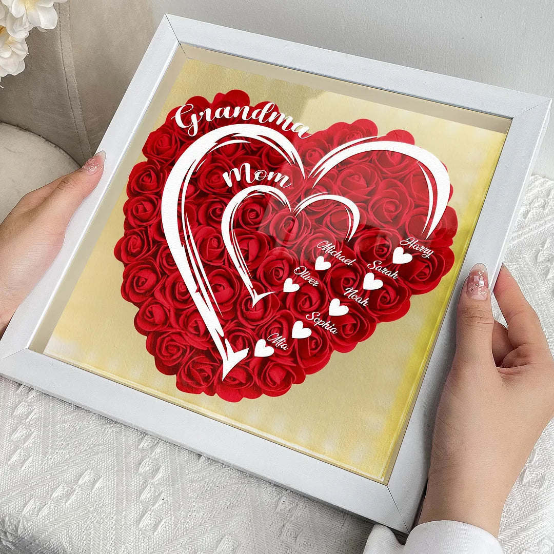 Mom Grandma Hearts Custom Kids' Names - Personalized Flower Shadow Box With LED Light | Mother's Day Gifts