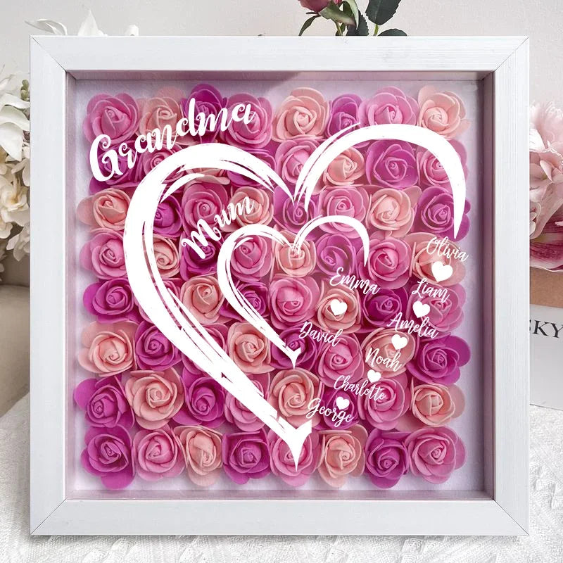 Mom Grandma Hearts Custom Kids' Names - Personalized Flower Shadow Box With LED Light | Mother's Day Gifts