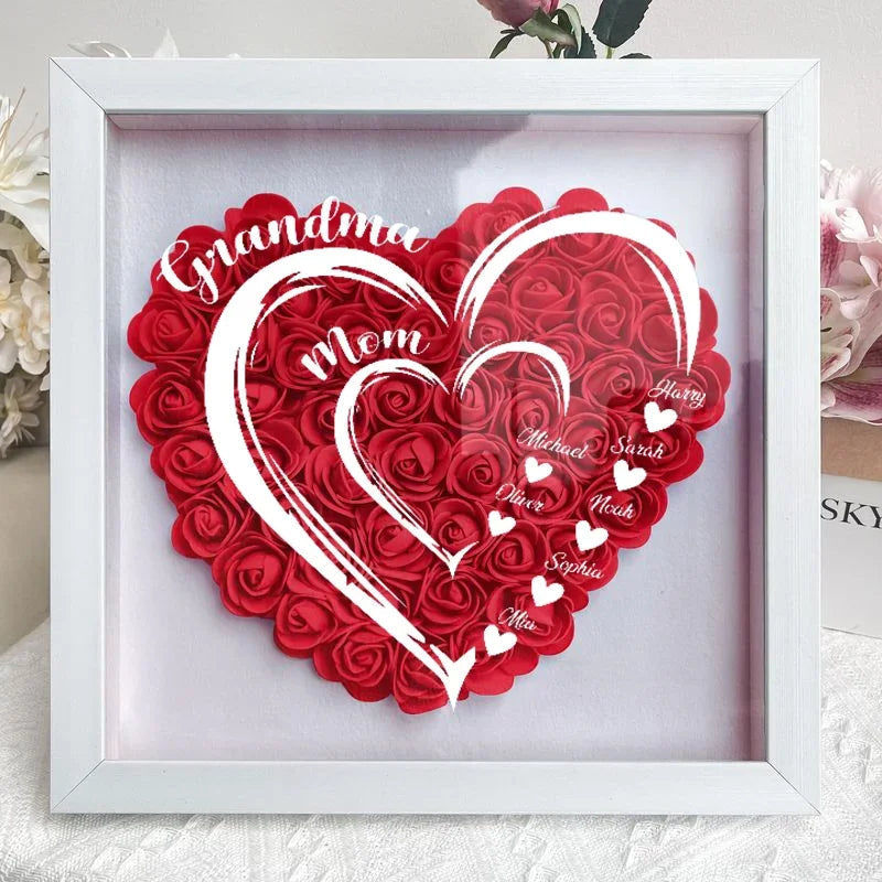 Mom Grandma Hearts Custom Kids' Names - Personalized Flower Shadow Box With LED Light | Mother's Day Gifts
