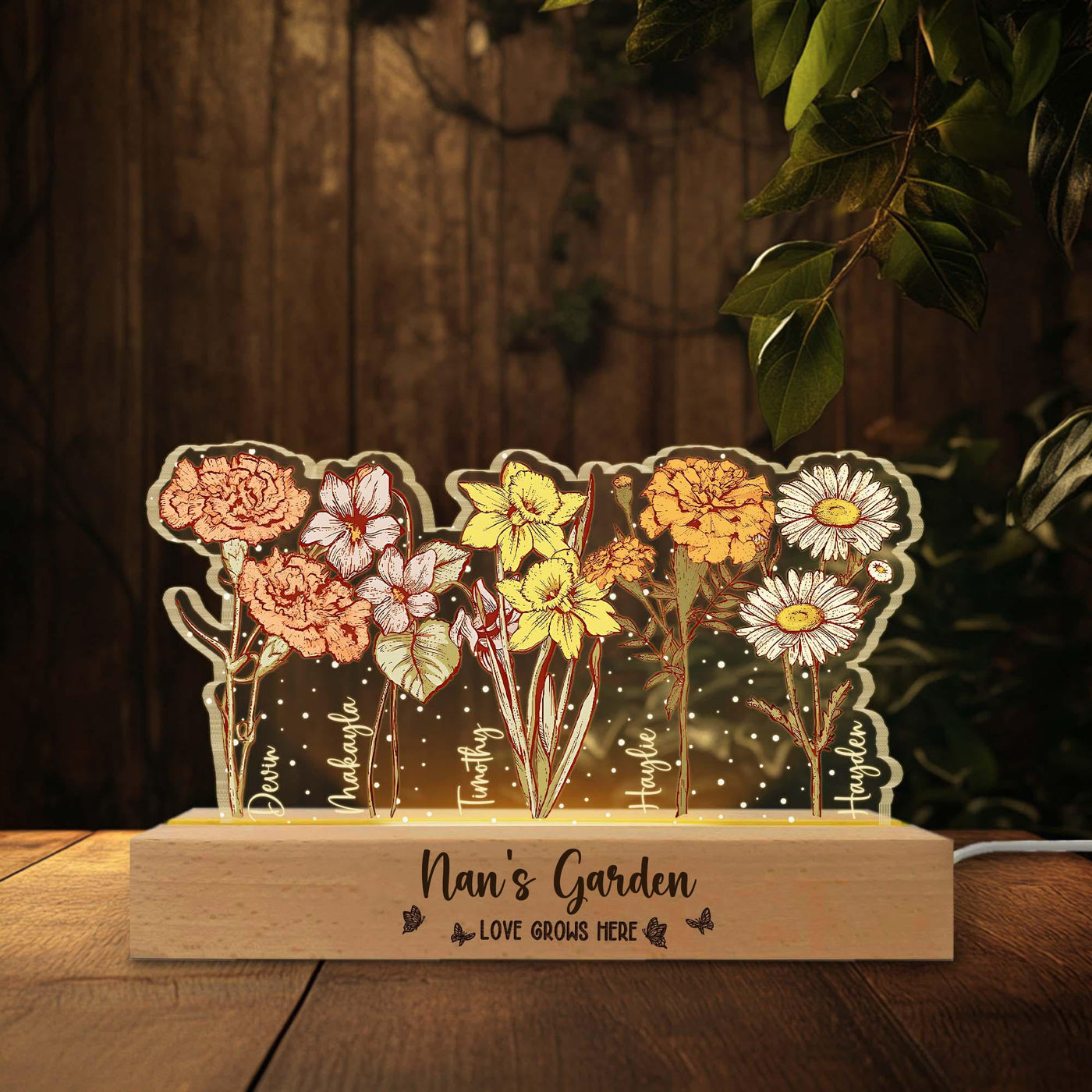 Customized Grandma's/Mom's Garden Night Light – Personalized Birth Month Flower LED Lamp