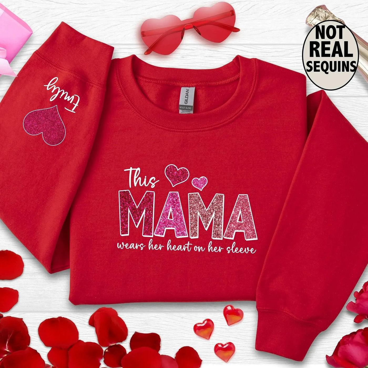 This Mama Wears Her Heart on Her Sleeve Custom Crewneck Sweatshirt