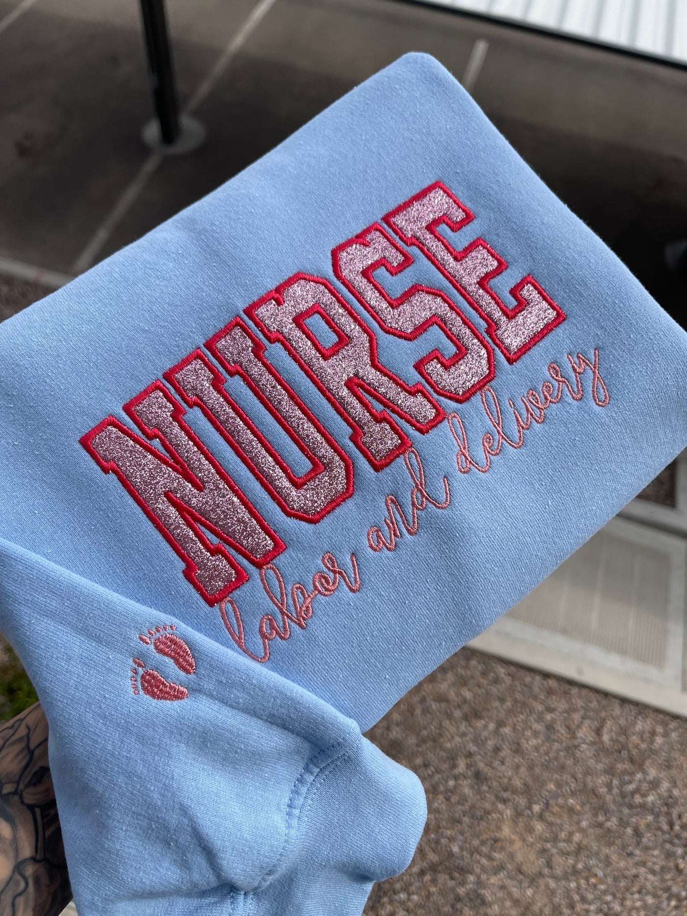 Custom Glitter Embroidered Nurse Sweatshirt | Gift for Mom
